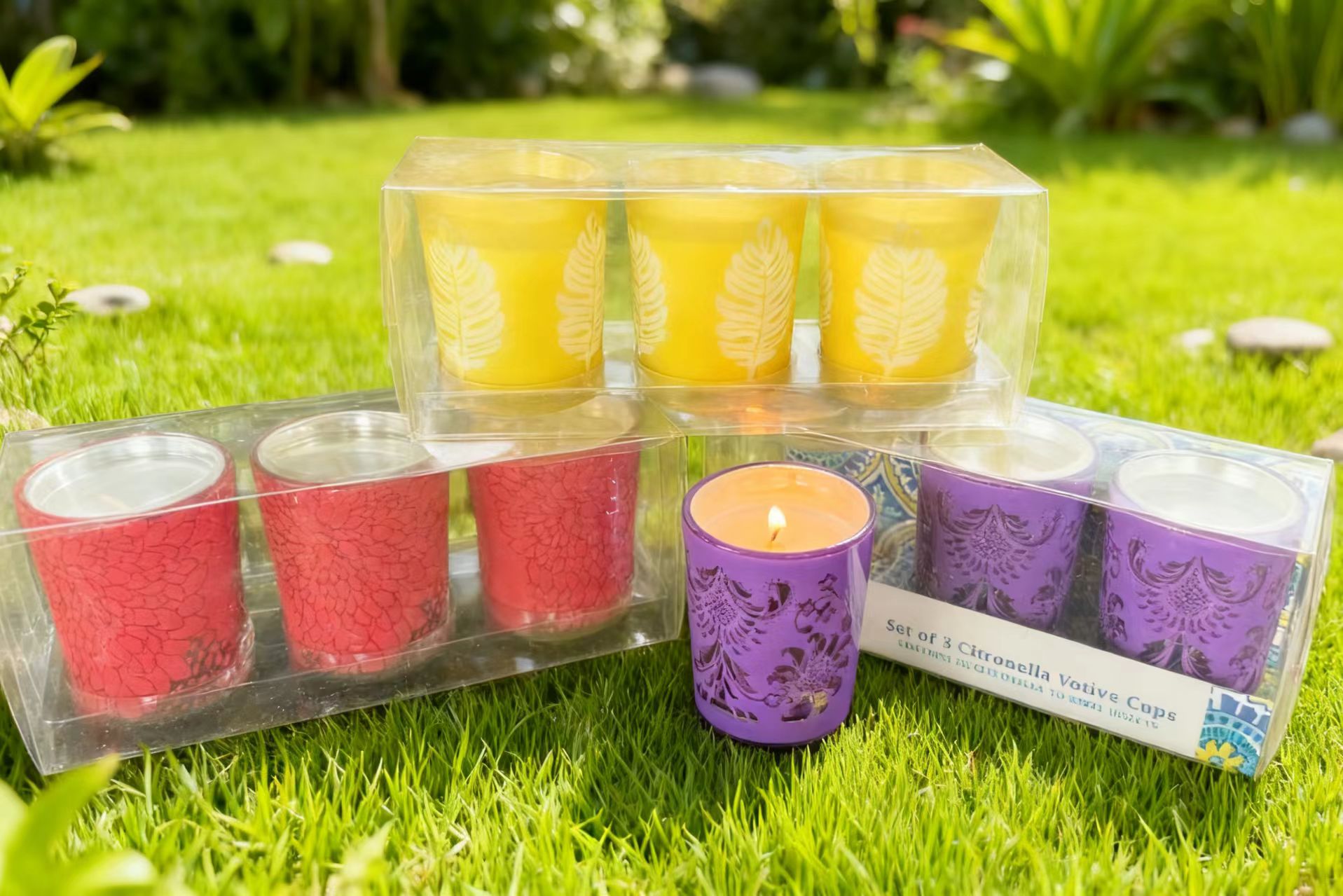 3pk Decaled Glass Votive  Filled Candles